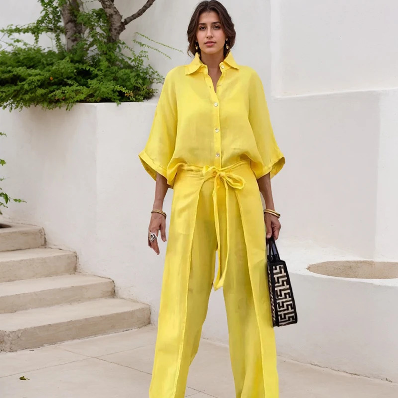 Office ladies shirt and pants twopiece set casual single chest three quarter sleeves top shoulder straps irregular wide leg male servant 250403