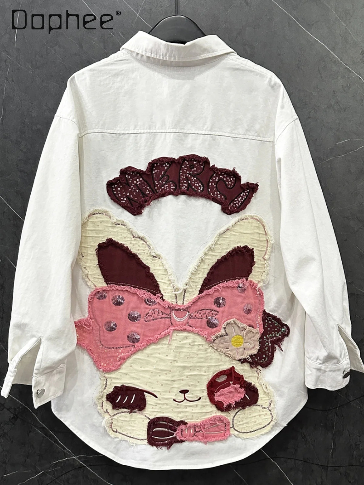 SpringSummer Heavy Industry Patch Embroidered Rabbit Bow Denim Shirt Jacket Long Sleeve Womens Loose Casual Top 250403