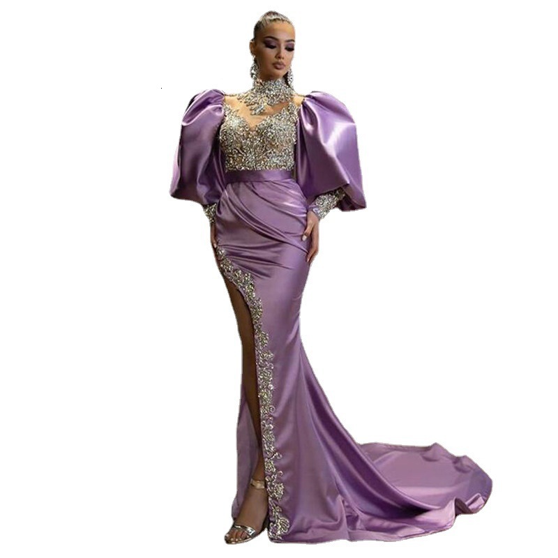 2025 New Dress Princess Sleeve Wrapped Butt Long Dress with Tailing and Gold Splashing Charm Evening Dress