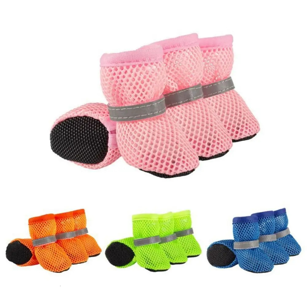 4pcs/set Breathable Dog Mesh Shoes Reflective Wear Resistant Dog Net Shoes Non-slip Hollow Out Dog Shoes Summer 250402