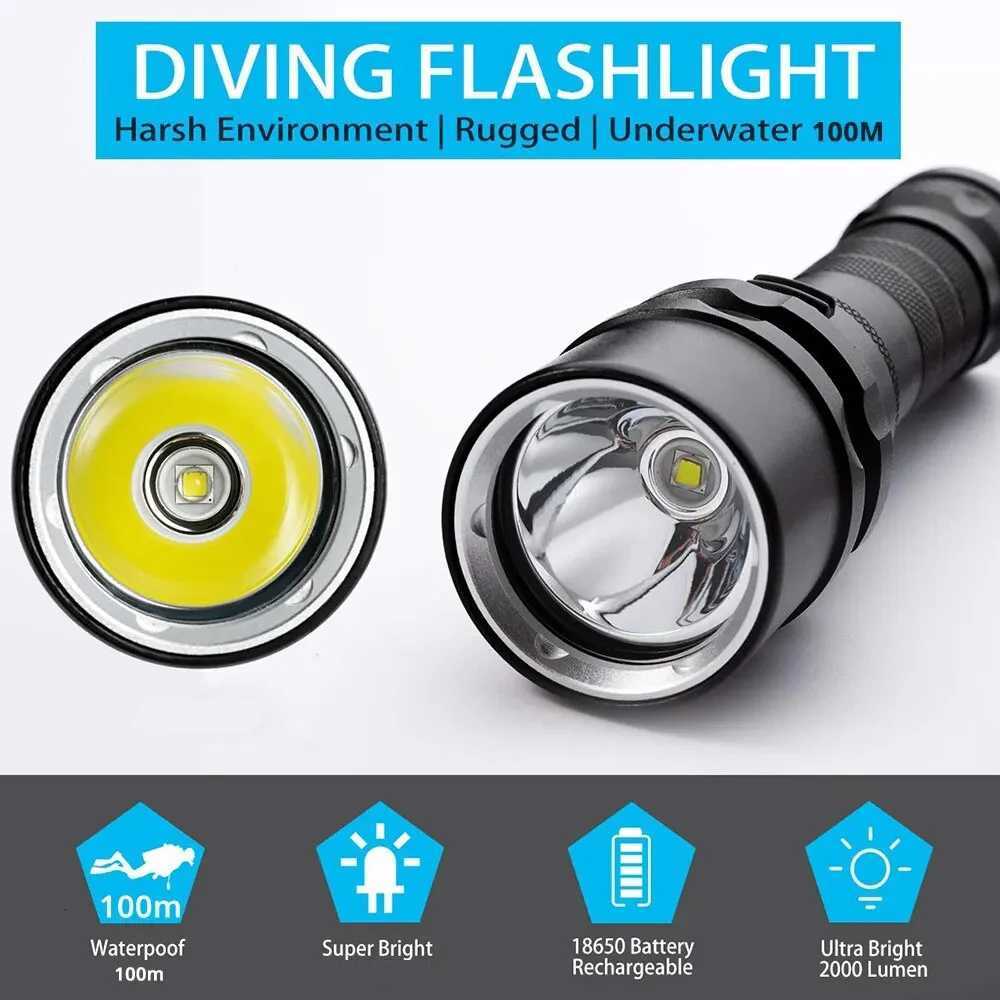High Power Diving Flashlight IP68 Highest Waterproof Rating Professional Diving Light Powered by 18650 Battery With Hand RopeW251106