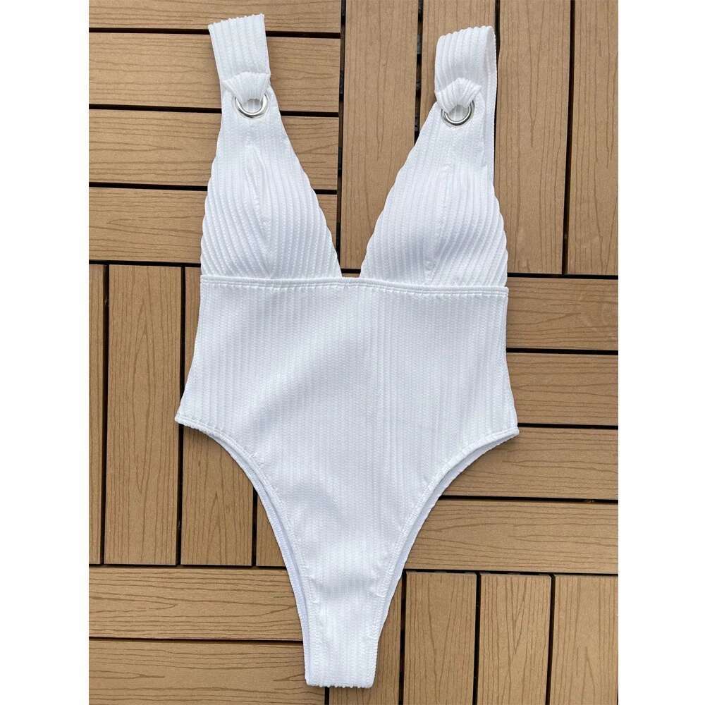 Sexy One-Piece Swimsuit Women 2024 Solid Color V-neck Bikini Halter Backless Slim Swimwear High Waist Monokini Summer Beachwear