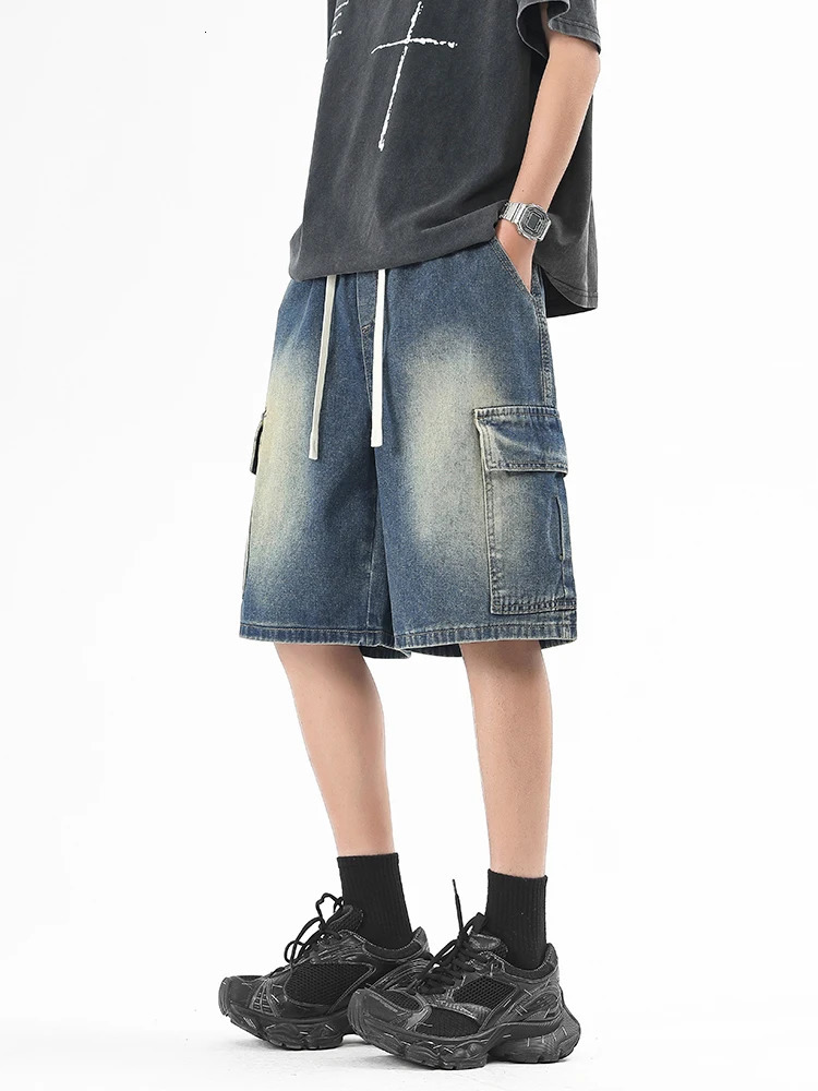 Summer mens denim shorts Korean fashion streetwear wide leg straight casual loose jeans 250401