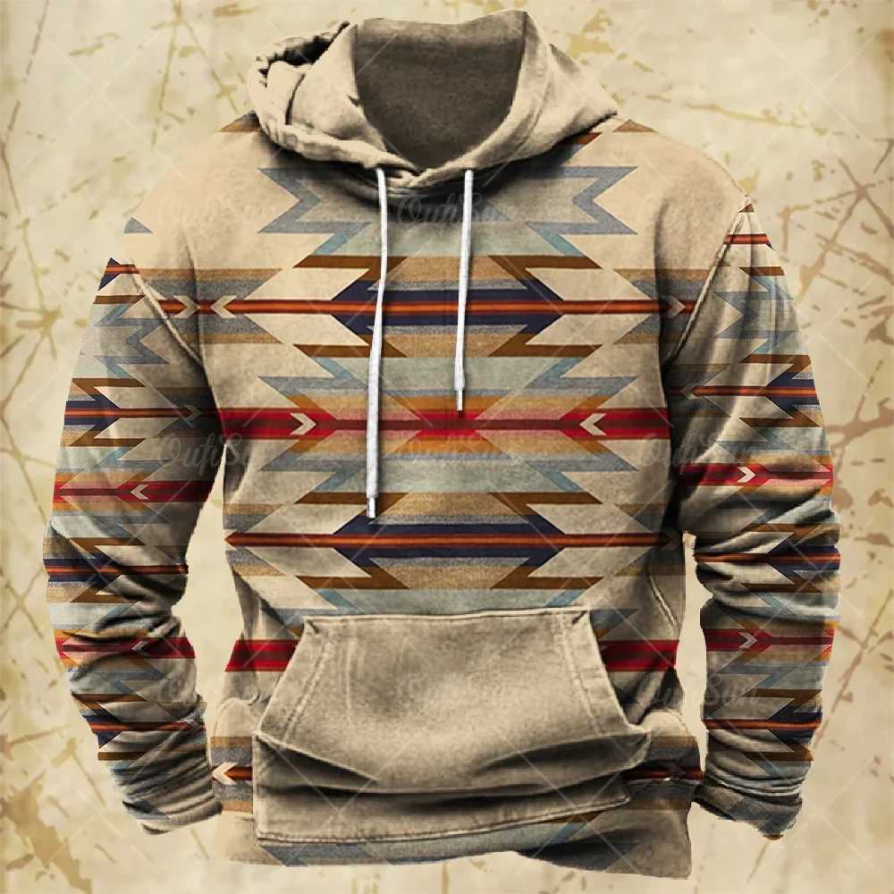 Men Hooded Vintage Print Sweatshirt Ethnic Style Hoodie Autumn and Winter Oversized Casual Mens Clothing Daily Street Pullover W251106