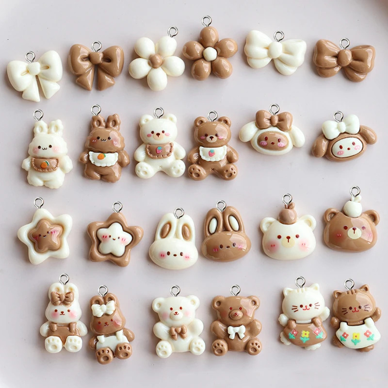 10 pieces of resin glossy milk tea color cute little rabbit panda charm animal flower star pendant for DIY jewelry making 250325