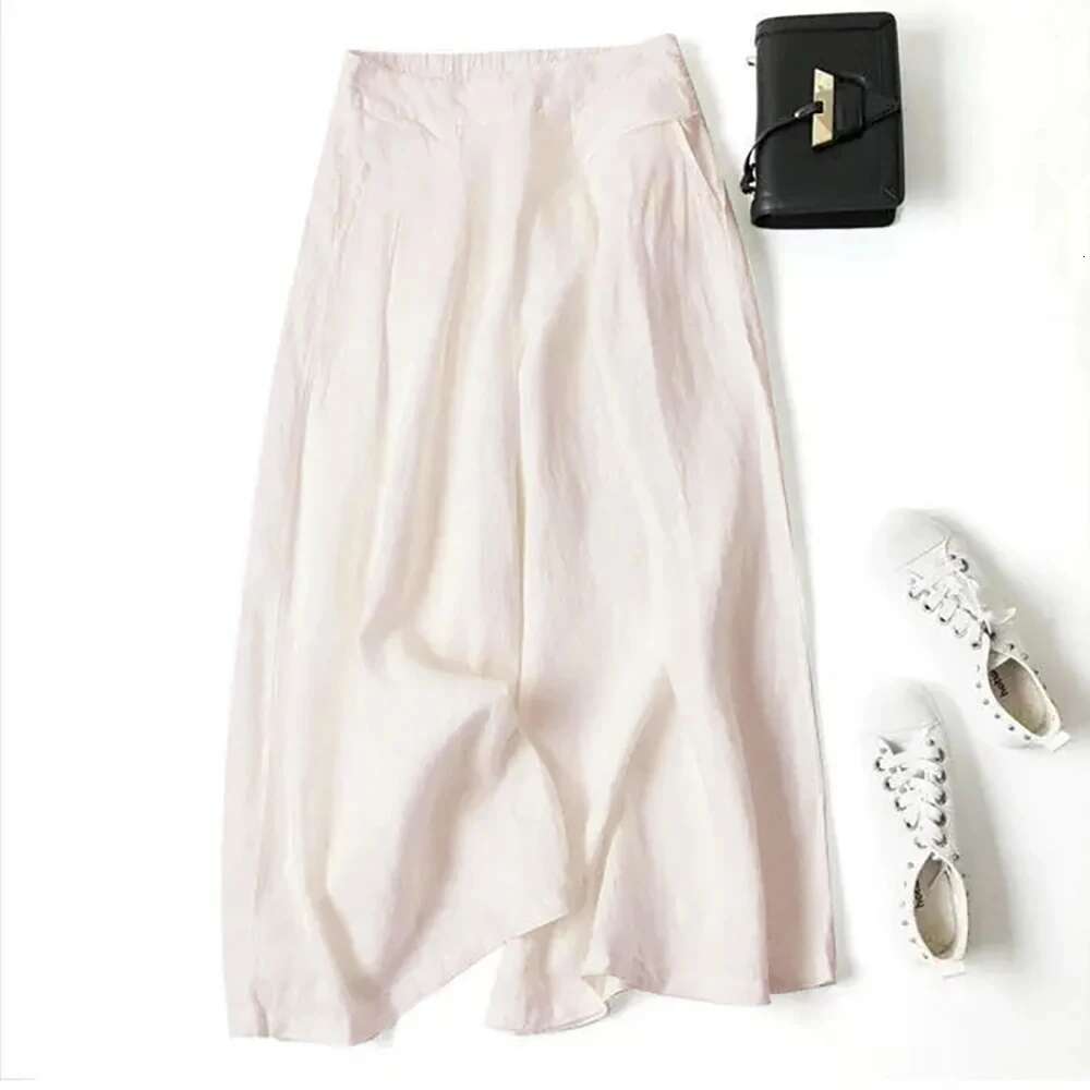 Summer For Women Cotton En Large Size Wide Leg Pants Femme Arts Style Elastic Waist Solid Casual Loose Pantalon