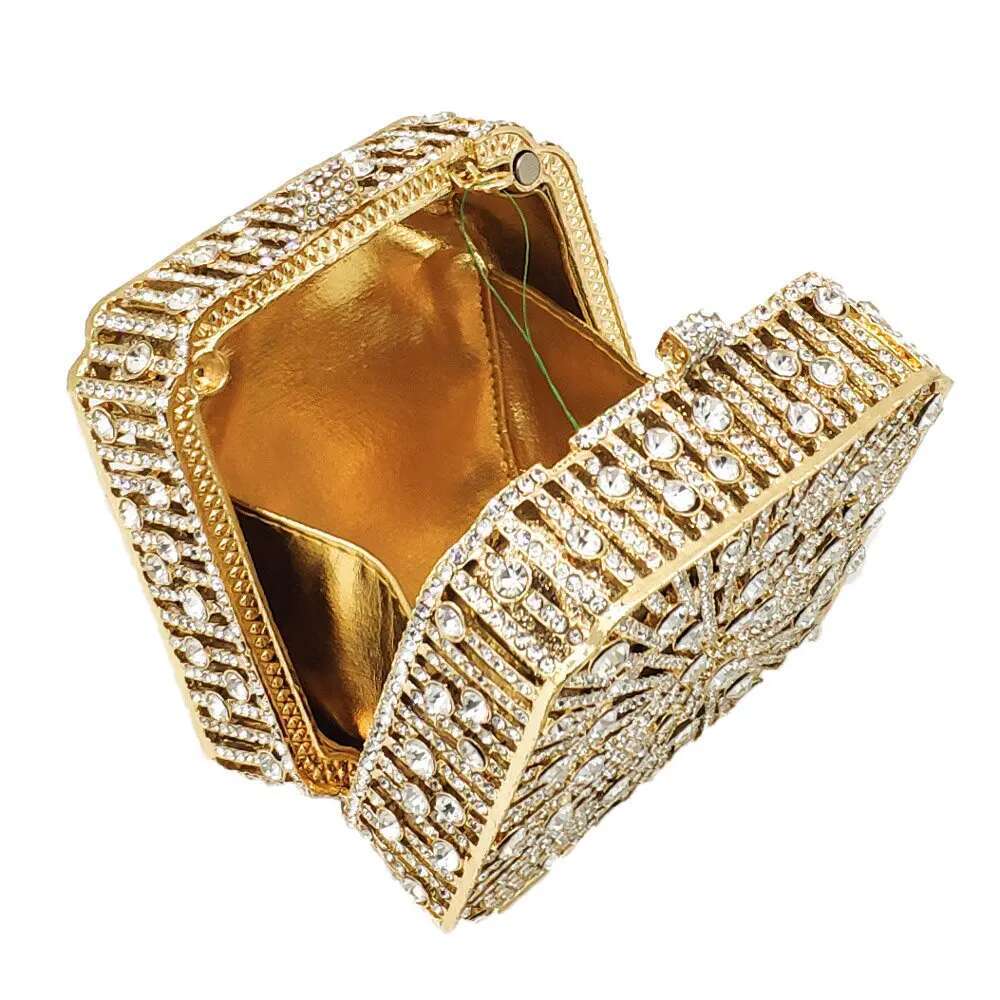 Dazzg Crystal Women Evening Bag Metal Box Clutch Wedding Bridal Dia Minaudiere Mini Handbags Ladies Party Purses