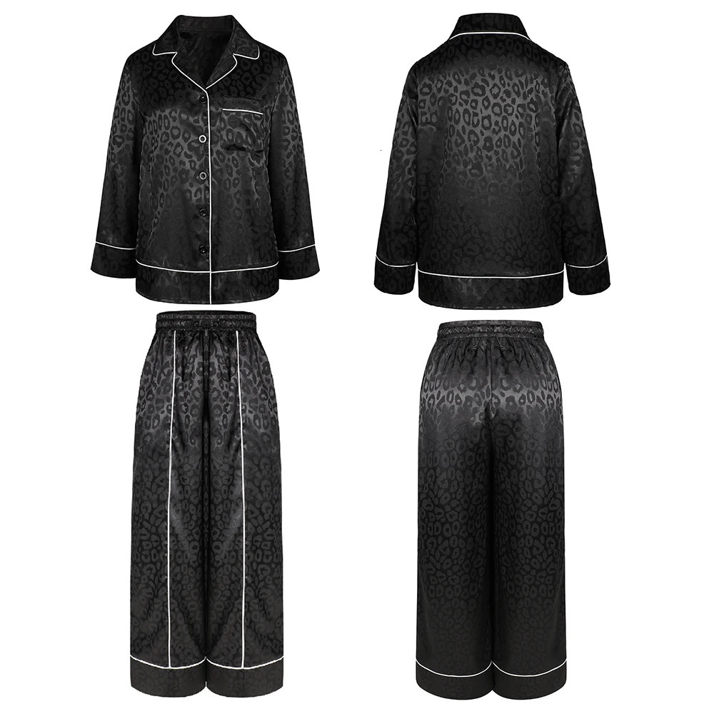 Womens Elegant Leopard Print Pajama Sets Ladies Simply Black Long Sleeve Pajamas Spring Sleepwear Women Loungewear Set 250402