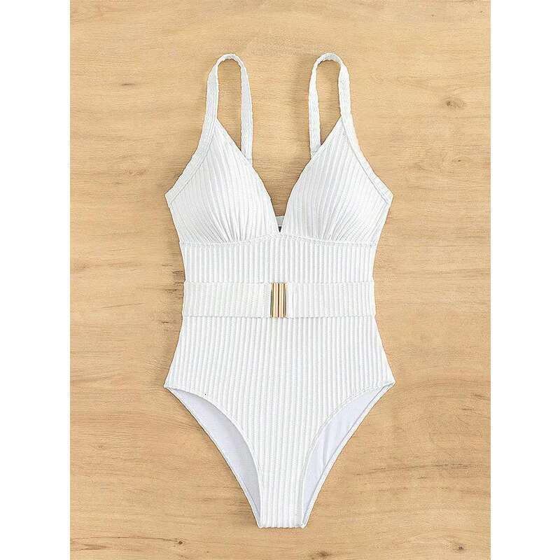 2024 NEW Solid Color White One Piece Swimsuit Women,high Waist Belt V-neck Conservative Bikini Monokini,beach Vacation Swimwear