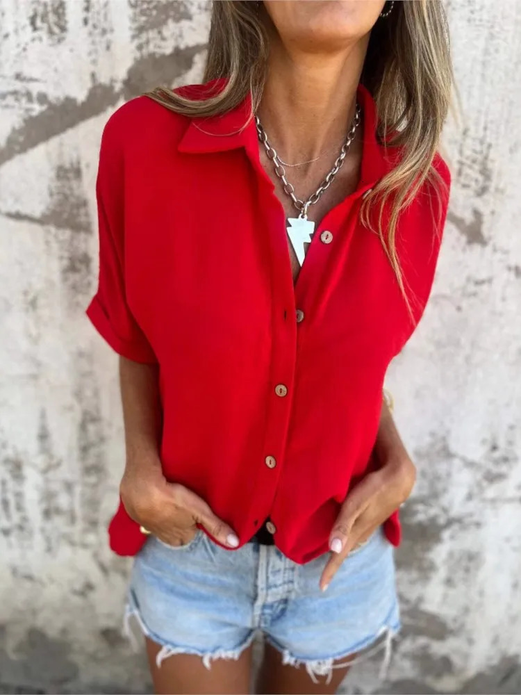 Casual Solid Shirt Top Female Fashion Office Short Sleeve Button Shirts Tops For Women Summer Holiday Womens Clothing 2025 250402