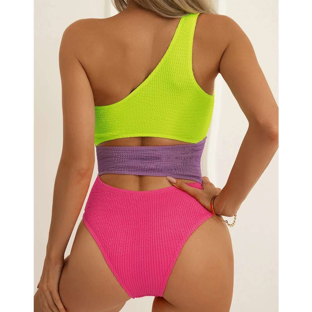 Patchwork One Piece Bikini Women 2023 NEW Swimwear Single Shoulder Hollow Out High Waist Swimsuit Bathing Suit Backless ALC3168