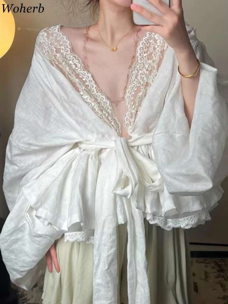 Sexy Lace Patchwork Women Blouses Korean Temperament Lady Tops 2025 Camisas De Mujer V-Neck Bandage Fashion Sweet Blouse Shirts