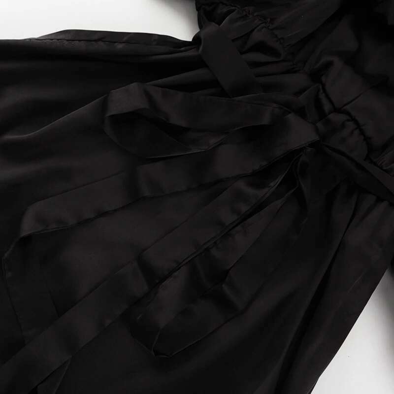 Women's Fashion Long Flare Sleeves Female Satin Solid Color V-Neck Lace-Up Pleated Dresses Spring New 33A3775