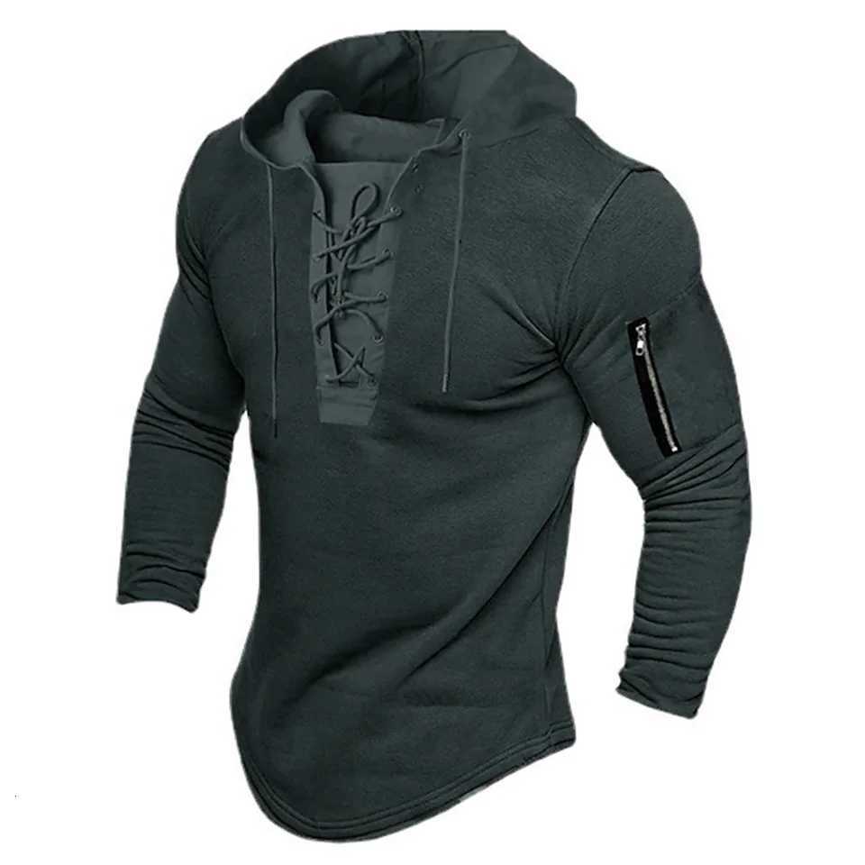 Men Pullover Sweatshirt Solid Color LaceUp Casual Zip Comfortable Casual Vacation Sports Hoodie Slight Strech W251106