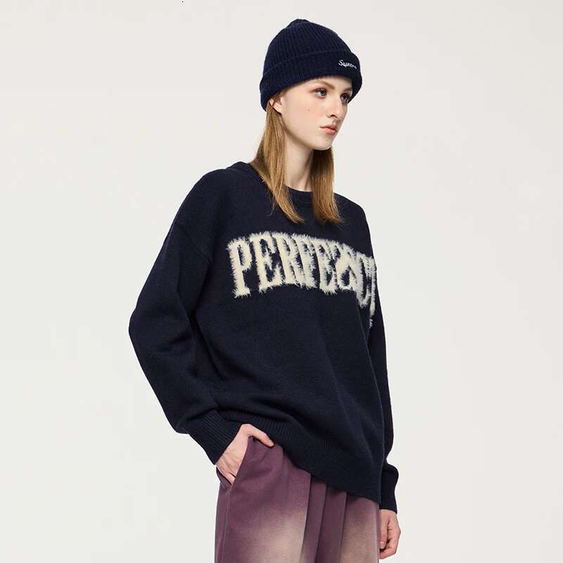 Unisex American Letter Jacquard Pullover Trendy Streetwear Loose Knitted Sweater