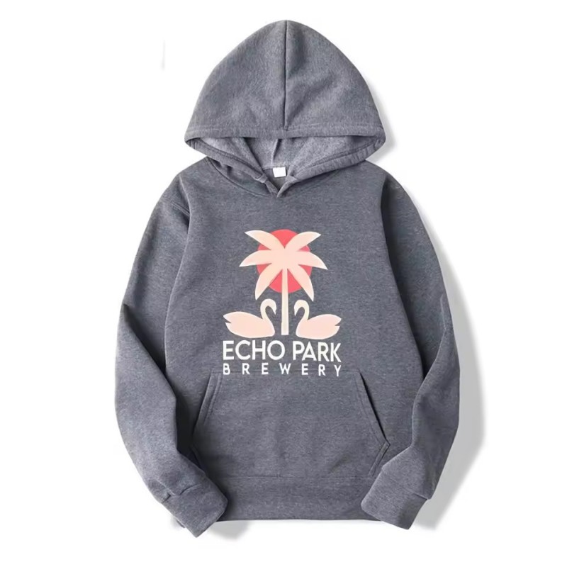 Echo Park Brewery Graphic Hoodie: Mens Unisex Sweater with Purple Palm Tree & Swan Design