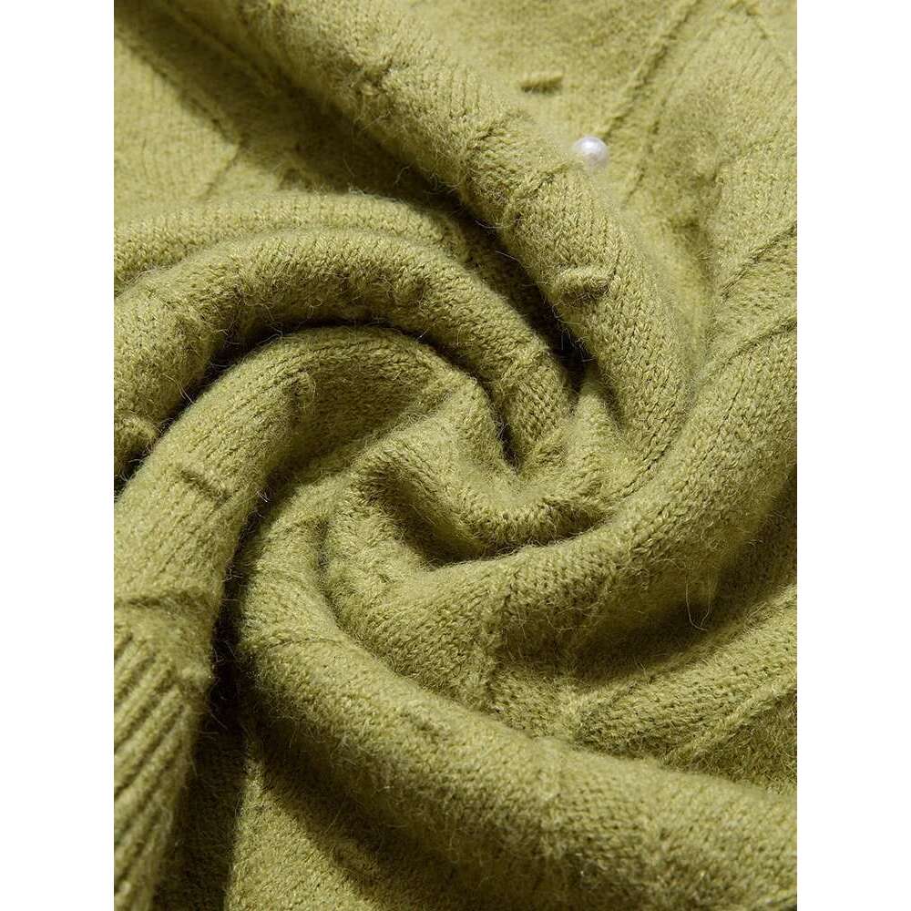 Green Women's Sweaters Lazy Wind Dia Grid Nail Beads Loose Soft Knitwears Jumper Winter New