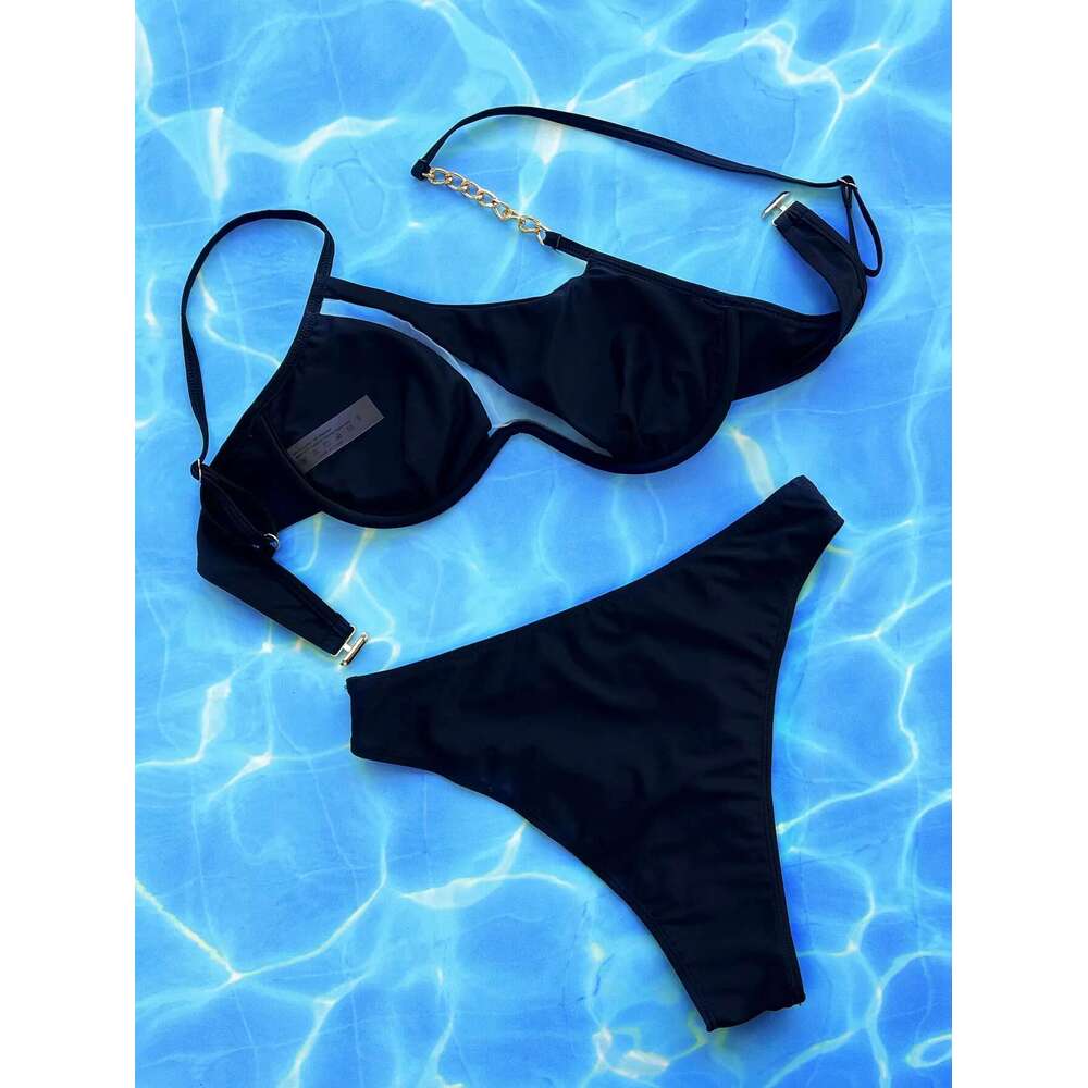 Solid Black 2-piece Swimsuit Women 2024 Sexy Chain Bikini Single Shoulder Hollow Out Bathing Suit High Waist Backless Beachwear