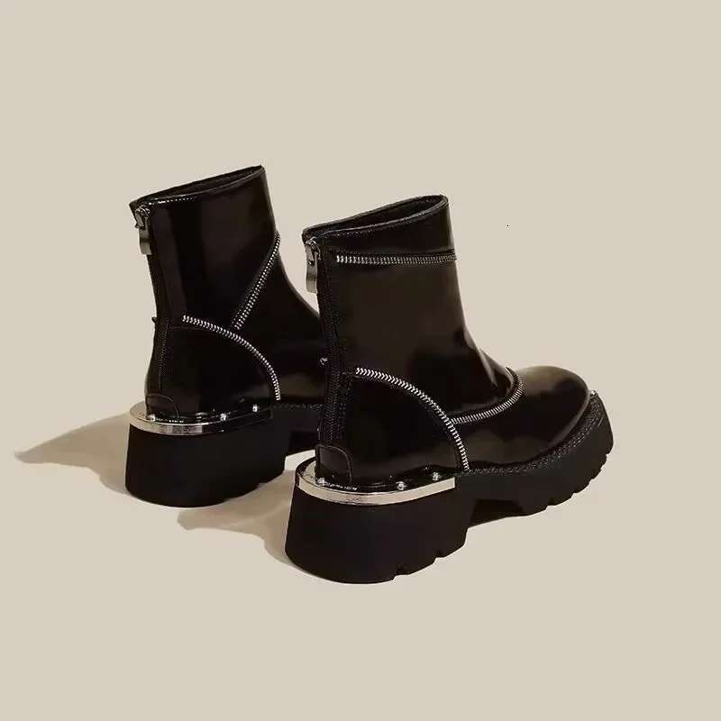 Shoes Female 2025 High Quality Zip Women's Spring Round Toe Solid Short Barrel Mid Heel Water Proof British Boots Atos