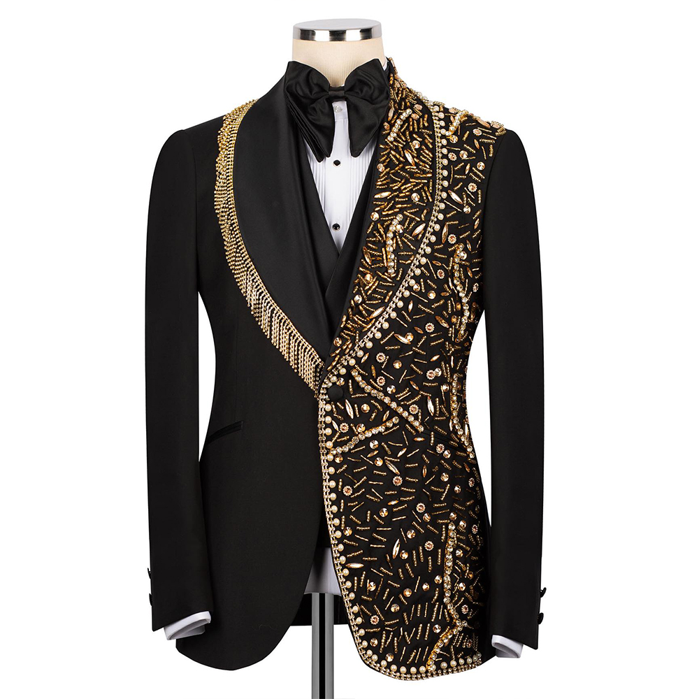 Luxury Men's Suit 2 Pieces Set Jacket Pearls Crystal Groom Tailor-Made Shawl Lapel Blazer One Button Customized Coat Pants Plus Size
