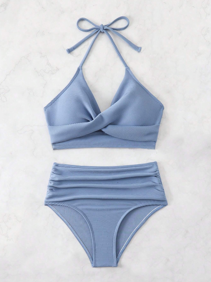 2025 Women's Solid Twisted Chest High Waist Triangle Pants Multi Color Bikini Swimsuit Women