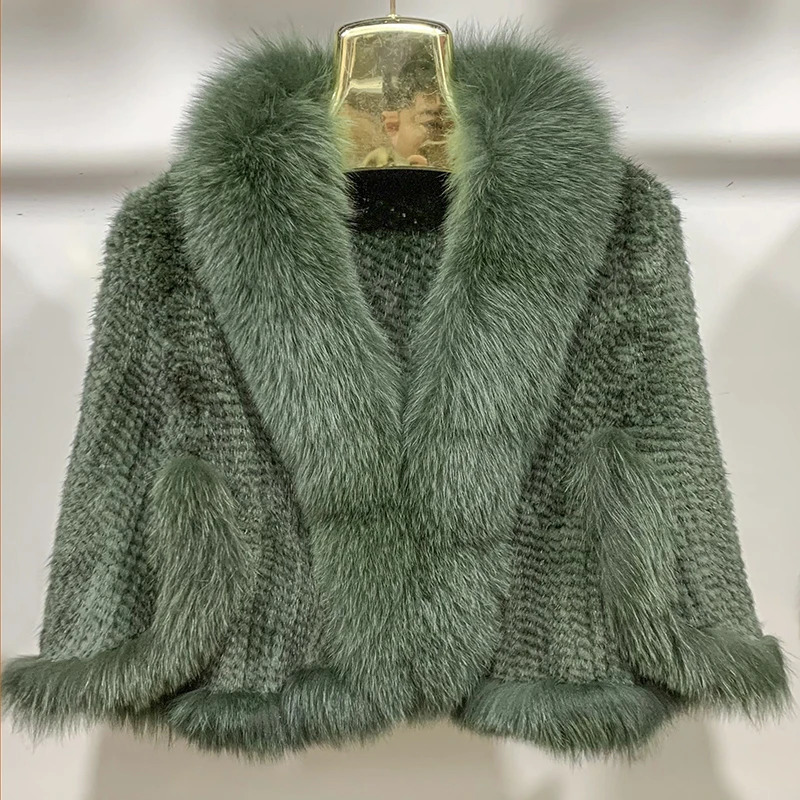 Real Mink Fur Poncho Knitted 100 Natural Shawl Fox Collar cape Autumn Winter Scarfs 251110