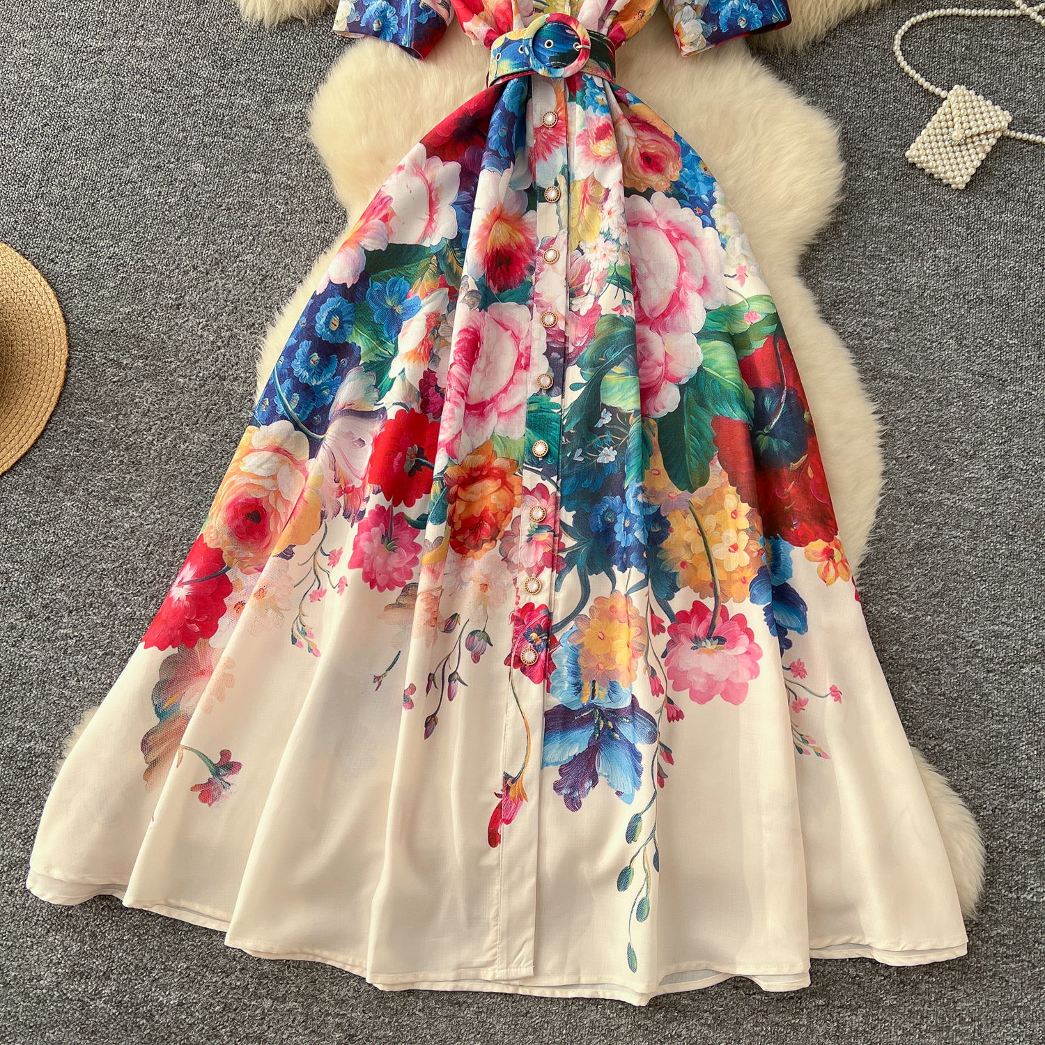 2025 Casual Dresses Summer Gorgeous Flower Runway Dress Women's Notched Short Sleeve Pearl Buttons Down Floral Print Belt A-Line Long Maxi Vestid