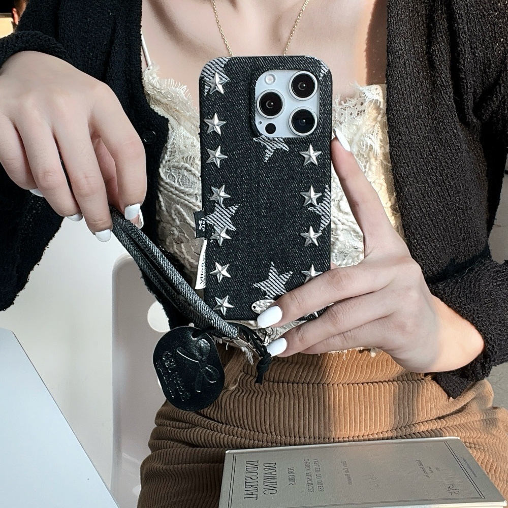 Punk Style Denim Rivet Star Phone Case Compatible with iPhone 17/16 Pro Solid Color Lanyard iPhone 15/14