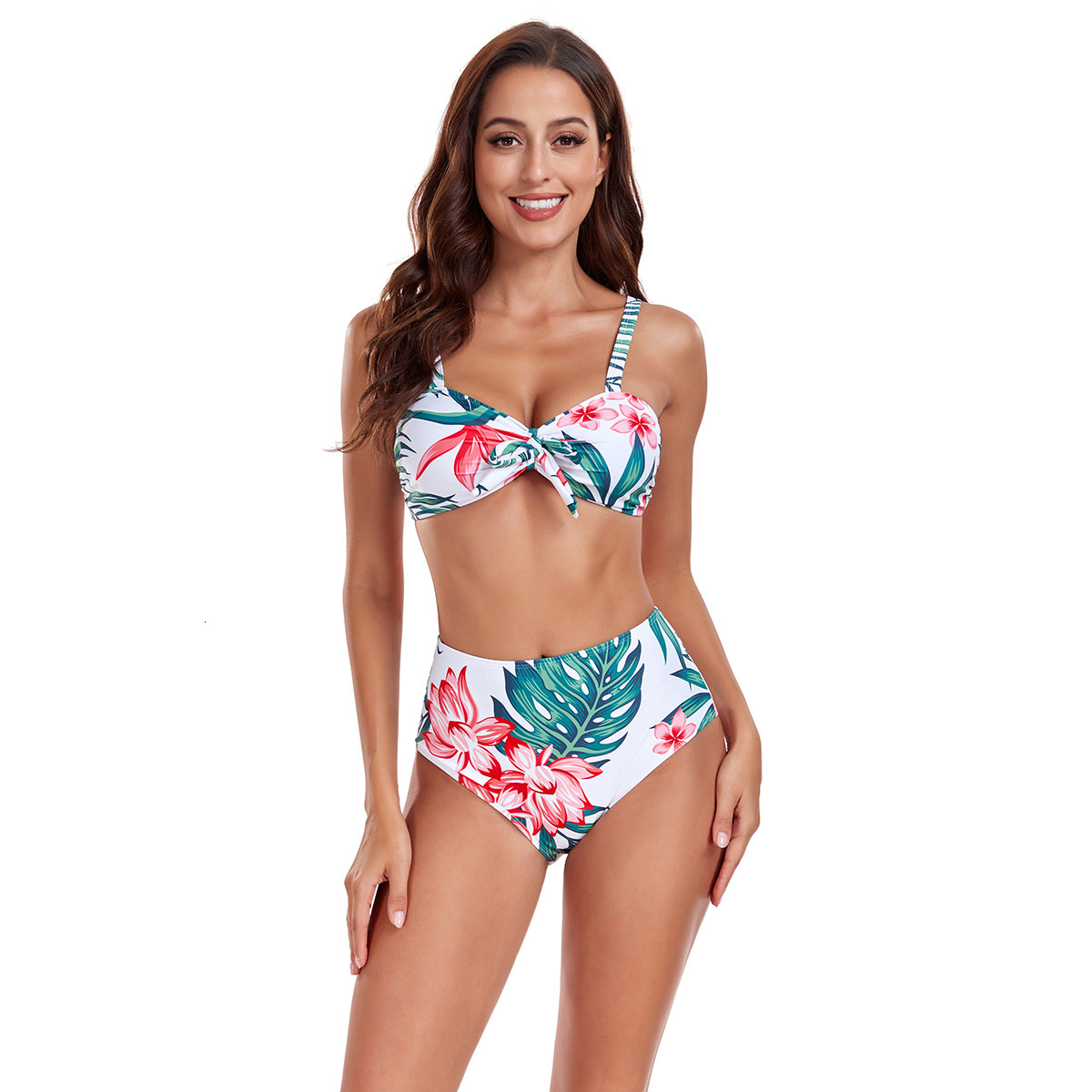 2025 Printed High Waist Split Bikini Chiffon Pants Skirt Resort Beach 3-Piece Swimsuit Female