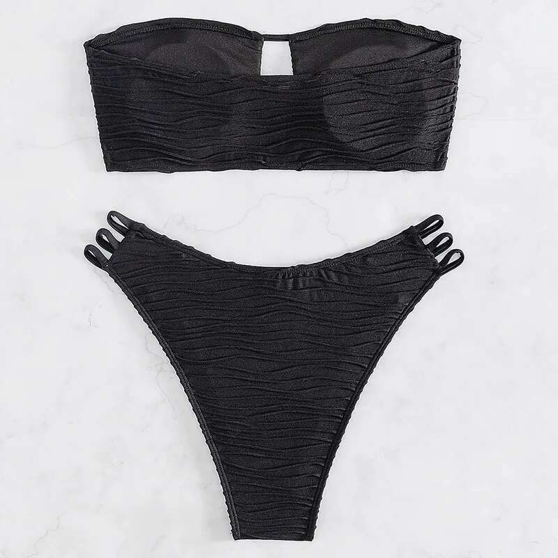 2024 Summer Black Two Piece Women's Swimsuit,sexy High Waist Hollow Out Strapless Bikini,off-shoulder Backless Beach Swimwear