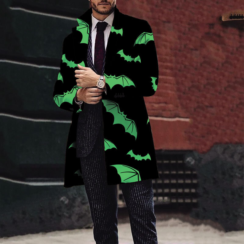 2024 Autumn/Winter New Mens Halloween Printed Woolen Medium to Long Coat Mens Woolen Coat
