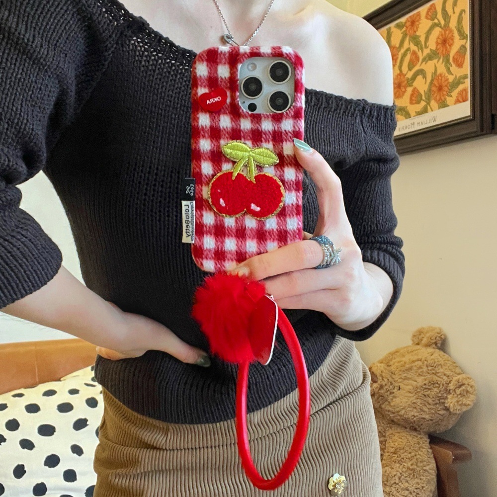 Red Green White Checkered Cherry Patch Phone Case Compatible with iPhone 17/16 Pro Solid Color Velvet Case iPhone 15/14
