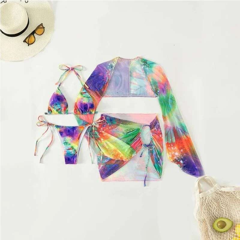 Colorful Bikini 2024 Summer Cover-ups 4-Piece Swimsuit Long-sleeved y Tie Dyeing Bathing Suit Beach Skirt Monokini