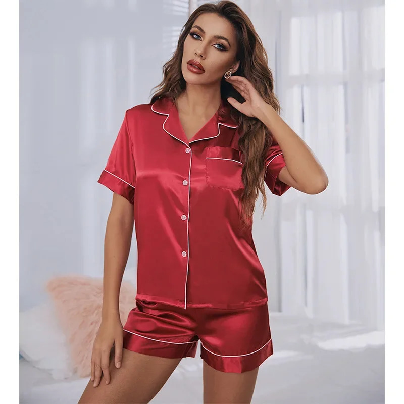 Short Sleeve shorts set ladies home wear womens silk pajamas Ice Silk breathable comfortable top pants set 250402