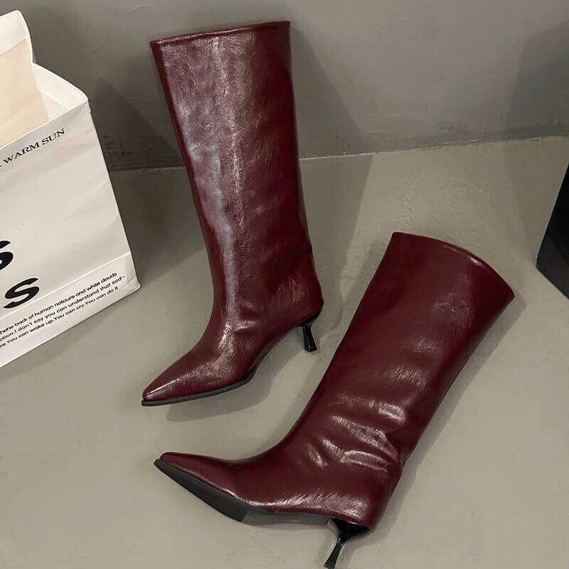 Burgundy Patent Leather High-Top Long Boots For Women Wine Red Pointed Toe Slip On Botas Largas De Mujer Kitten Low Heels Mature
