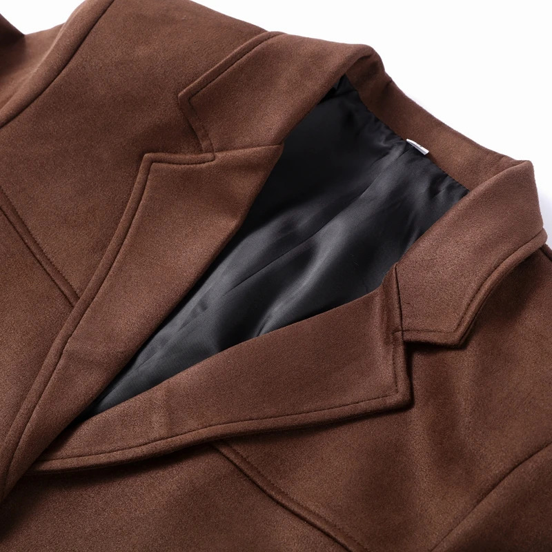Retro suede lapel jacket womens brown long sleeved loose jacket casual jacket 250402
