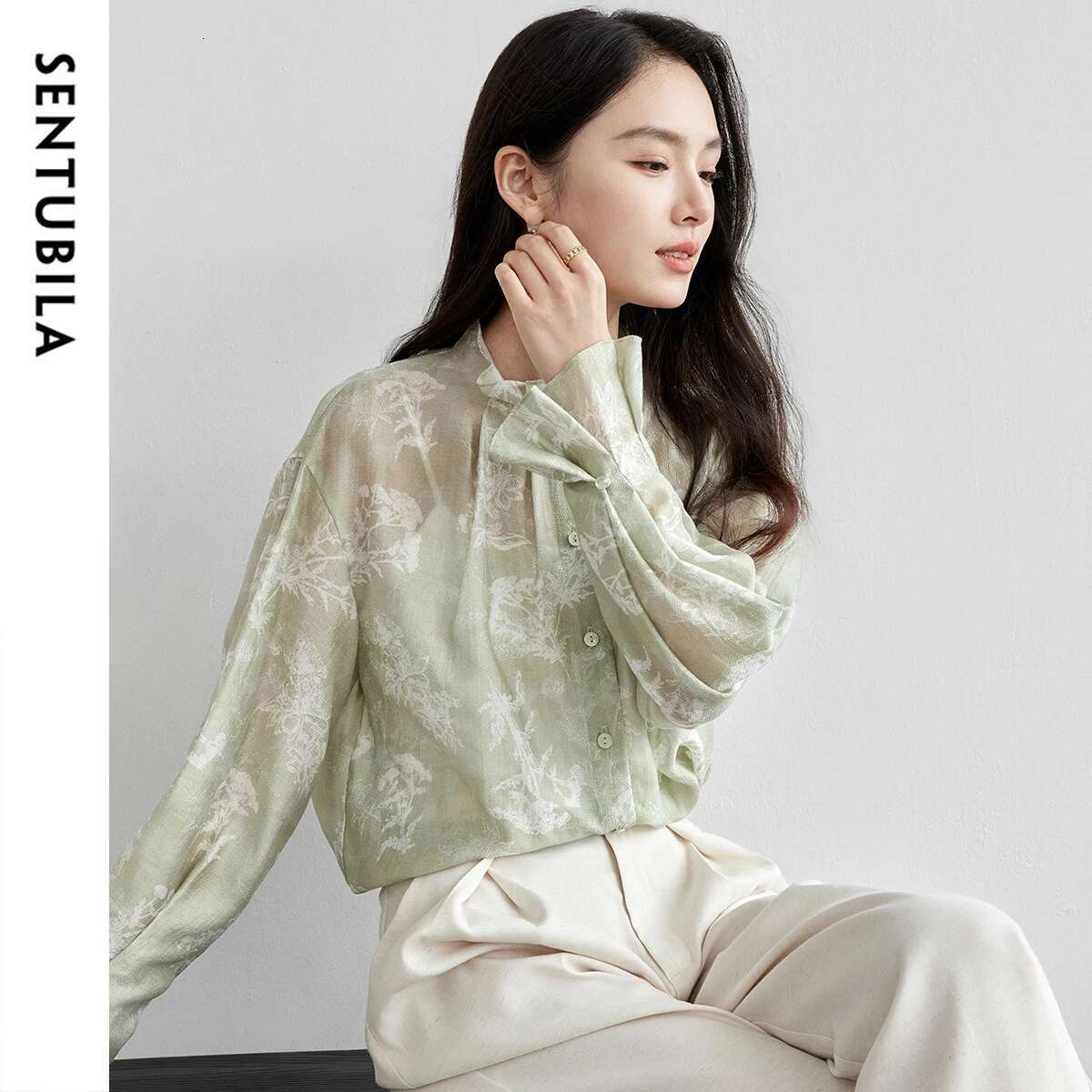 SENTUBILA Lyocell Printing Shirts Womens Spring 2025 Straight Chiffon Stand Neck Flare Sleeve Ruffles Cozy Blouses 151C58061