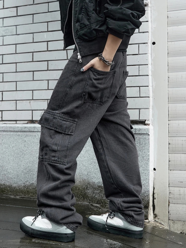 Y2k bagged jeans mens hiphop Harajuku Trouser wide leg denim pants streetwear Korean oversized cargo 250401