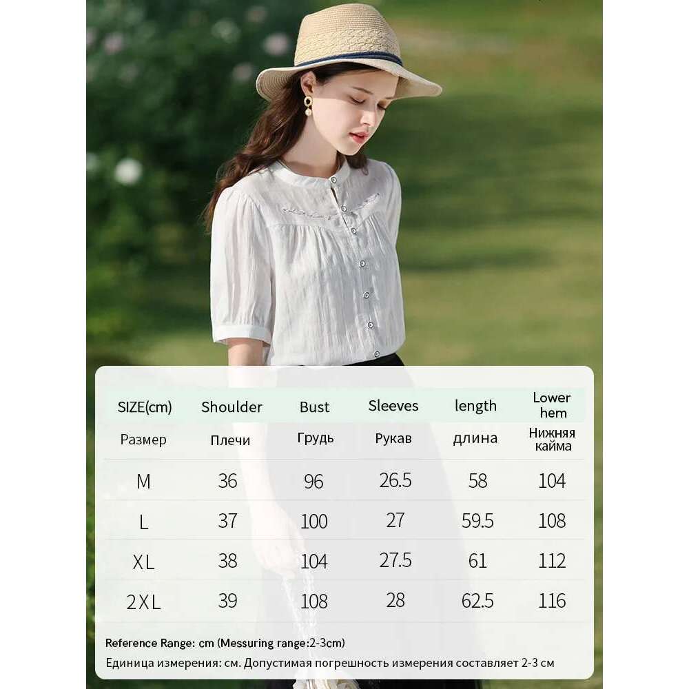 Chinese Puff Short-Sleeve Women Shirts 2025 Summer New Embroidery Chic Trendy Female Basics Blouses