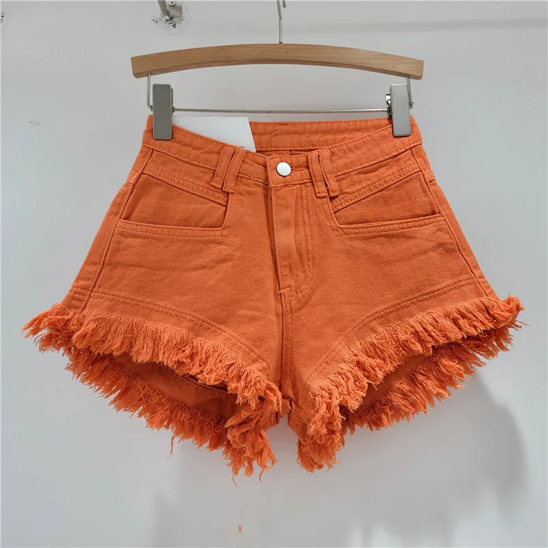 Original denim shorts womens jeans high waisted fringe A-line wide leg pants boots shorts 250402