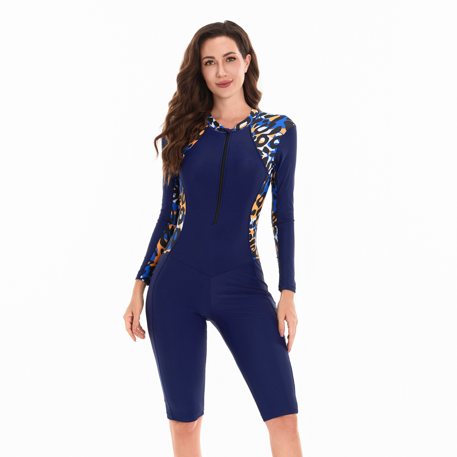 Fashionable printed patchwork zipper long sleeved one-piece flat corner five quarter pants beach snorkeling surfing suit women's swimsuit
