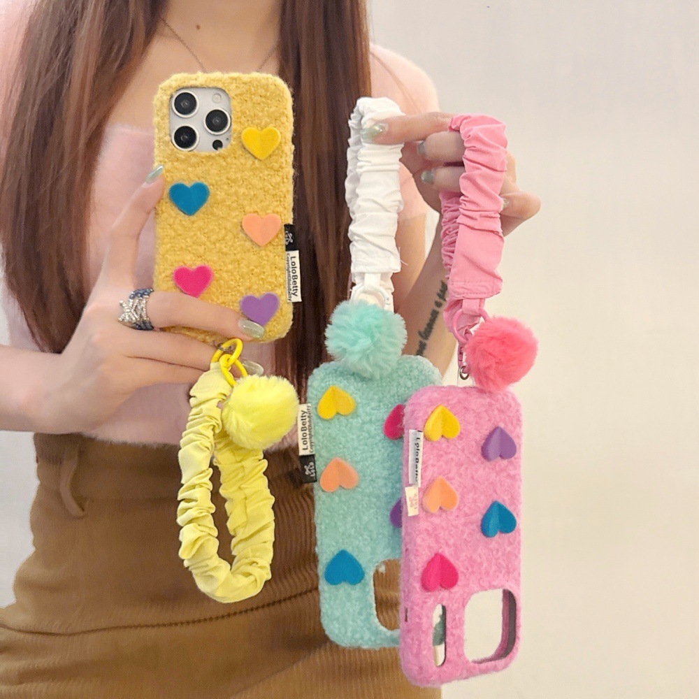 3D Colorful Heart Plush Phone Case Compatible with iPhone 17/16 Personalized Solid Color iPhone 15/14 Pro