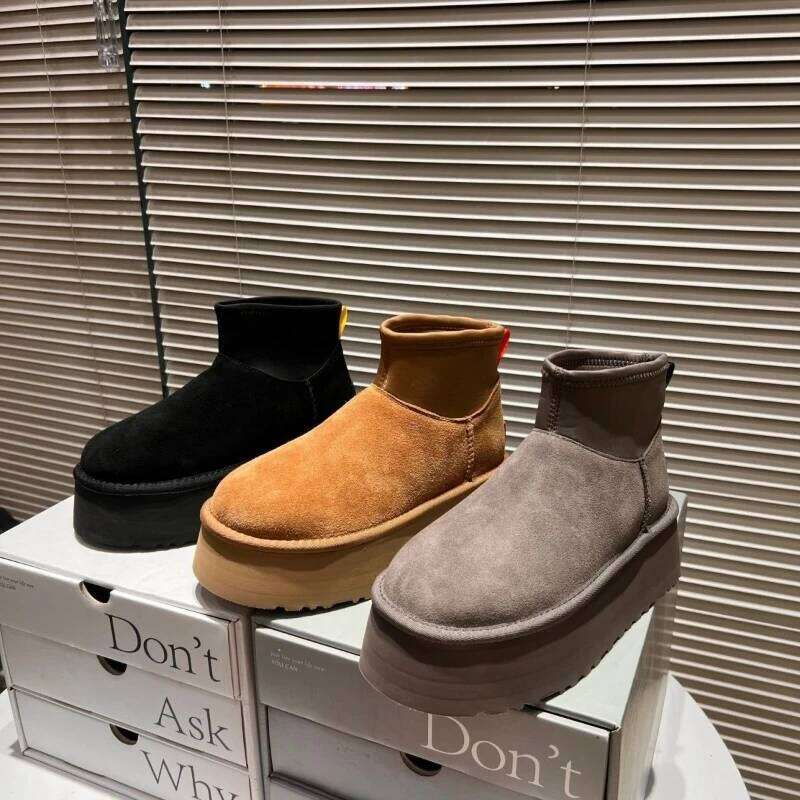 2025 Women's Winter Thick Bottom Heightening Mini Short Fur Leather Snow Boots Round Toe TPR Shoe Heel Other Pattern Solid Color