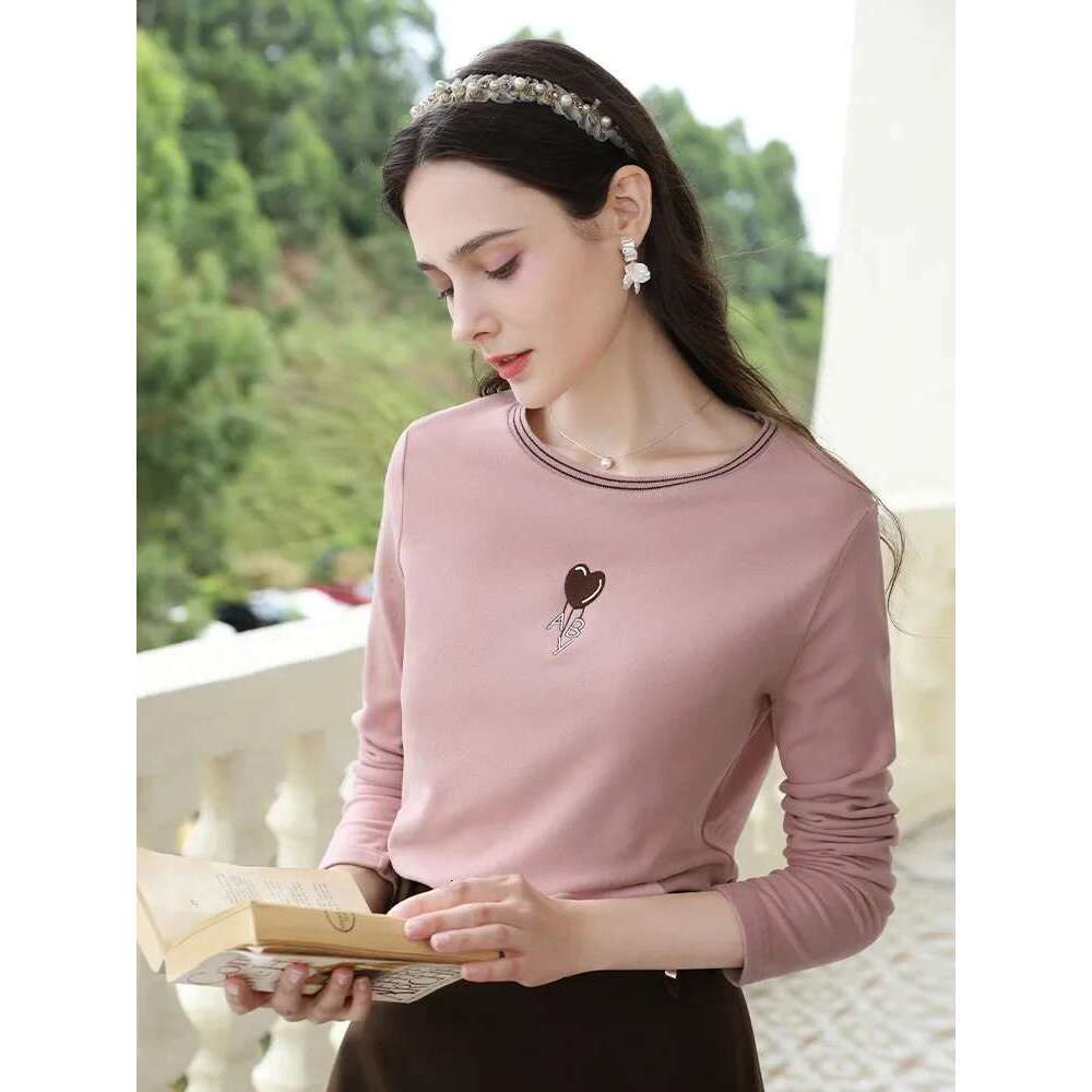 Pink Embroidery Warm Long Sleeved T-Shirt Top For Fall Clothes Women Base Office Lady Shirt