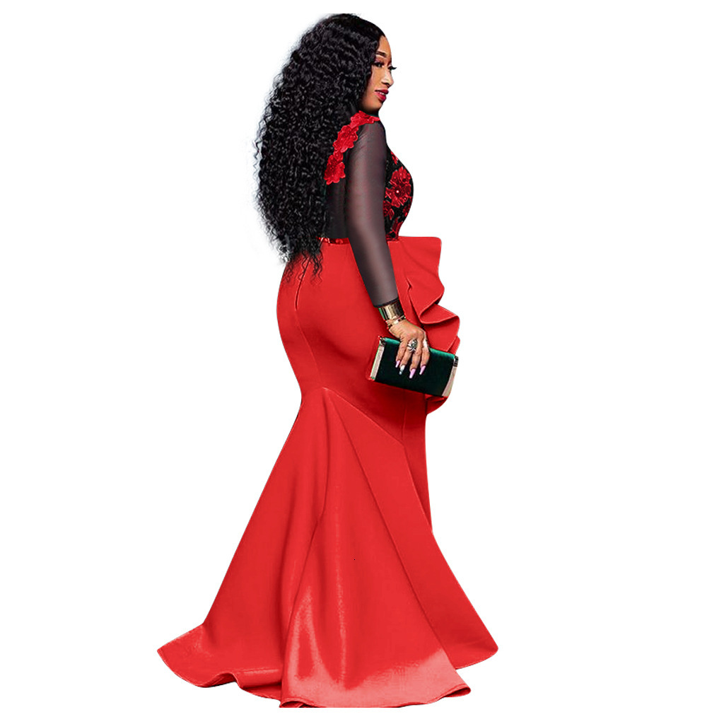 2025 New Plus Size Dress Womens Lace Mesh Transparent Ruffle Edge Dress