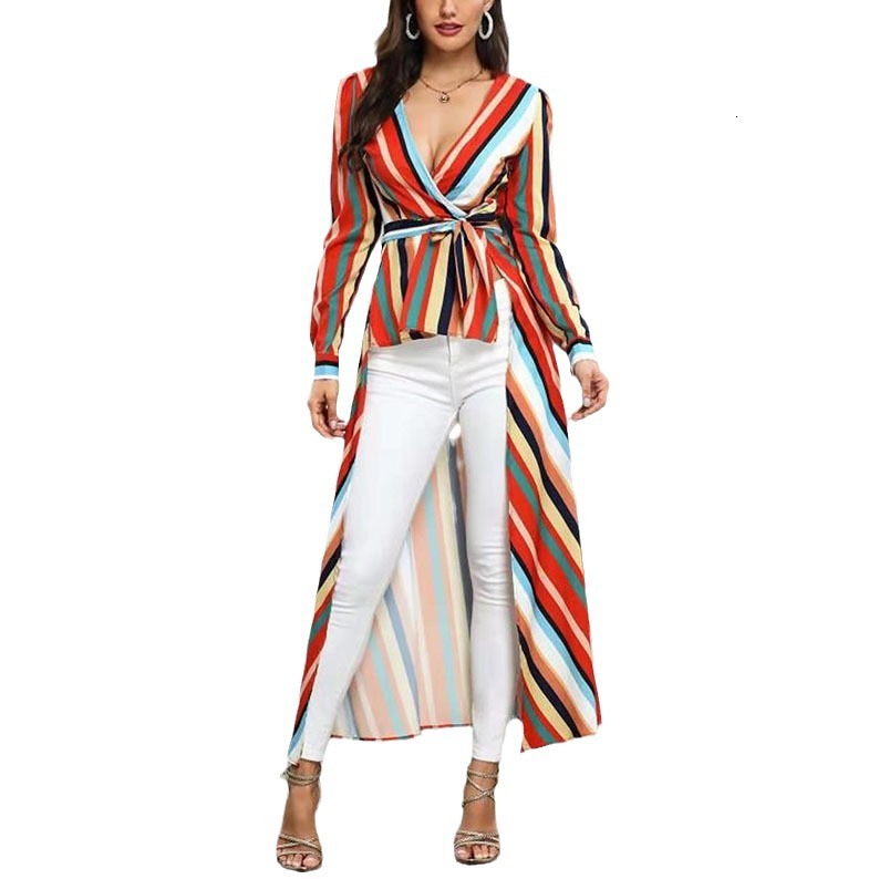 2025 Autumn Rainbow Stripe Dress Deep v Slimming Front Short Rear Long Coat