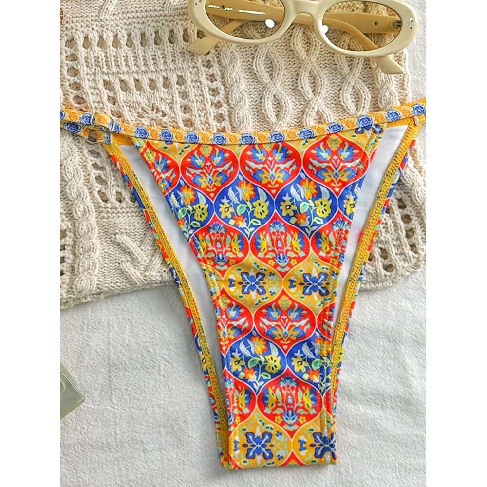 Women Yellow Bikini Set Retro Print 2 Piece Swimsuit 2025 New Triangle Halter Backless Thong Beach Swimwear Bathing Suit
