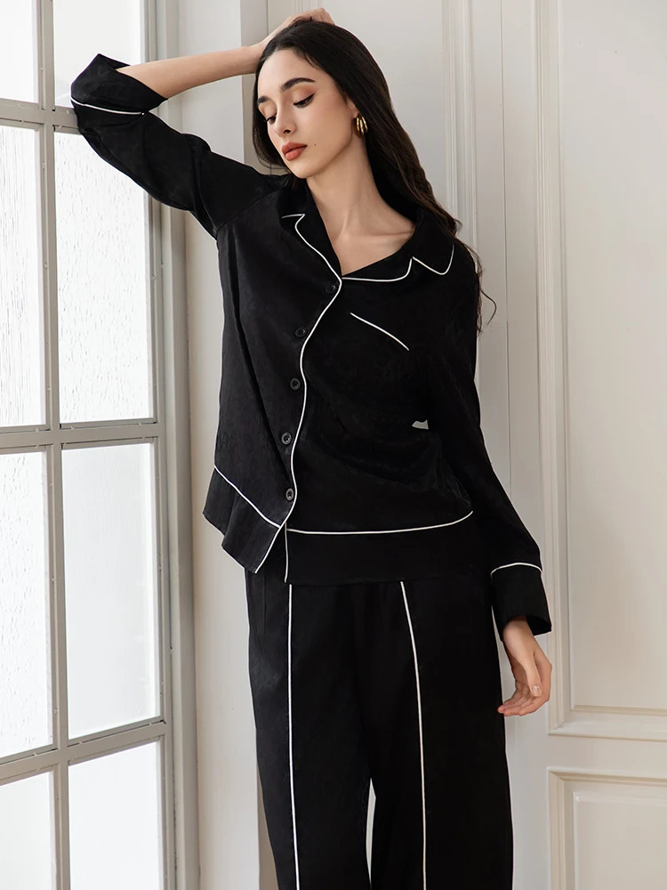 Womens Elegant Leopard Print Pajama Sets Ladies Simply Black Long Sleeve Pajamas Spring Sleepwear Women Loungewear Set 250402