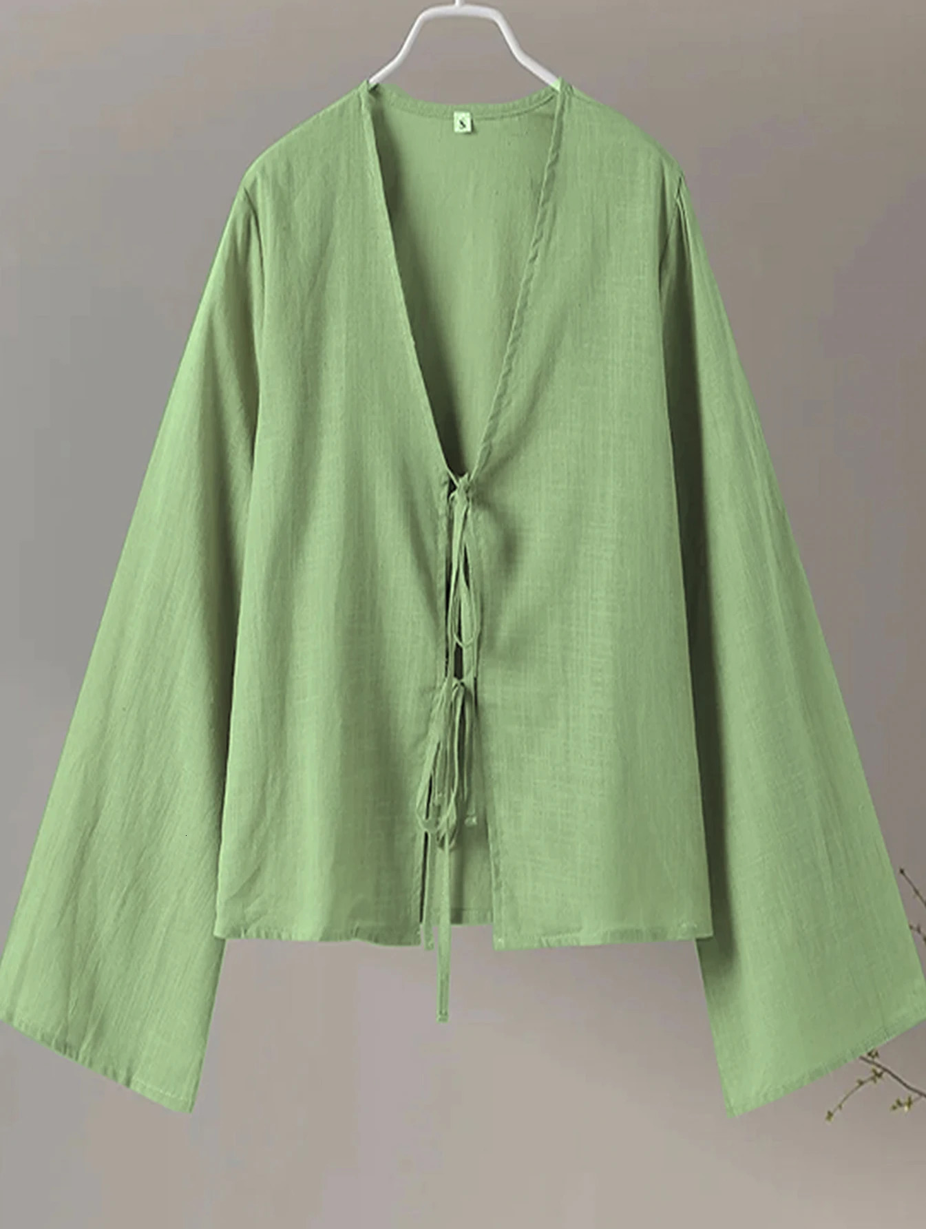 Cotton Linen Lace Up Bow Shirts Women Loose Hollow Out V Neck Long Sleeve Tops Female Spring Lady Streetwear Top 250402