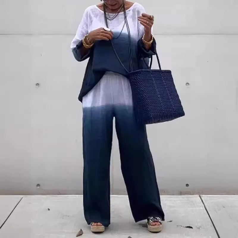 Gradient Cotton Linen 2-piece Womens Summer Fashion Pocket Pants Set Casual Loose Zipper Shirt Set 250401